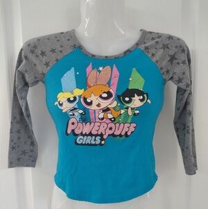 Kids Powerpuff Girls Teal Raglan Long-Sleeve Top with Gray Star Sleeves